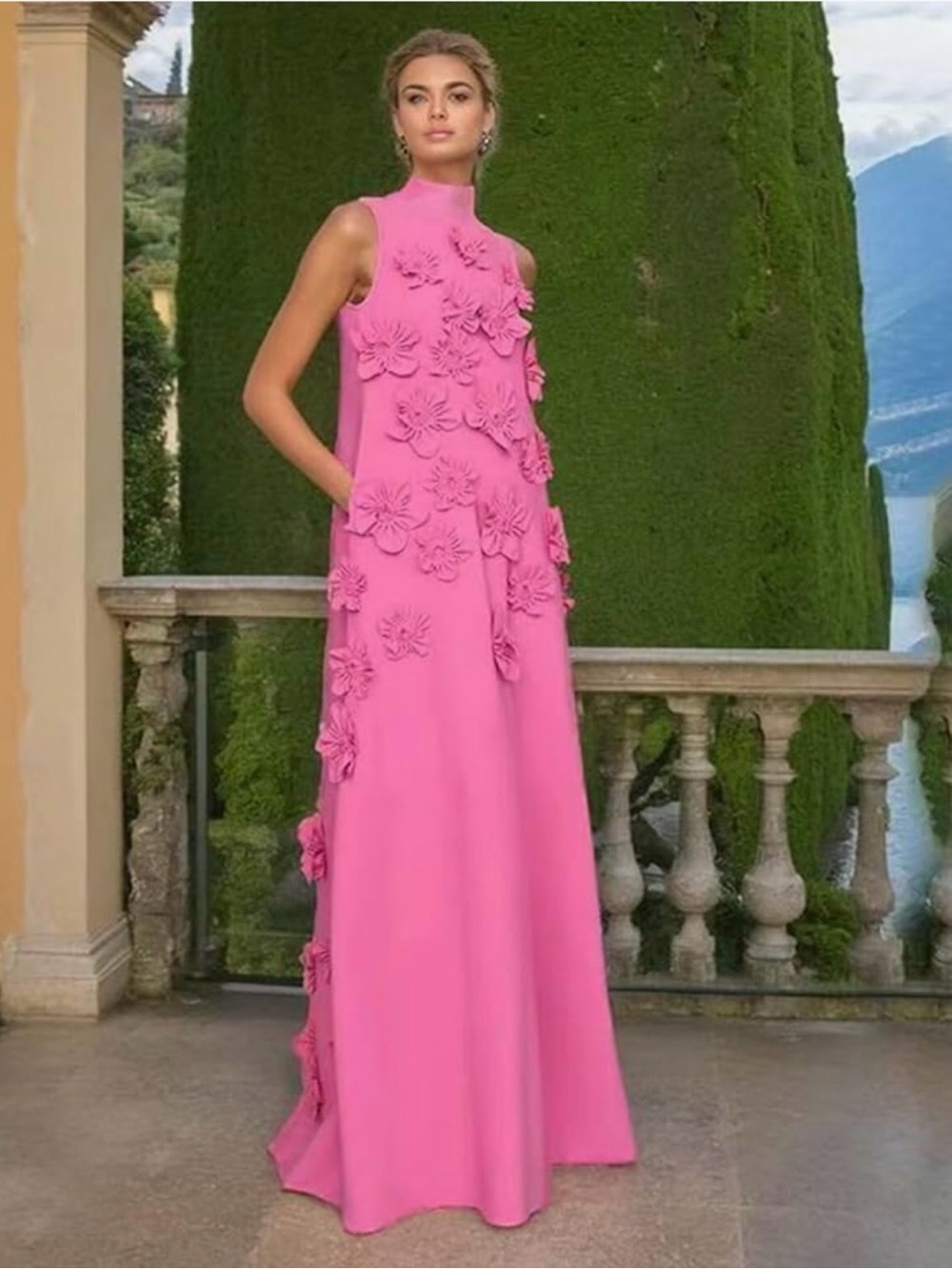 Elegant Pink Floral Appliqué Maxi Dress - Sleeveless High Neck(NWT)